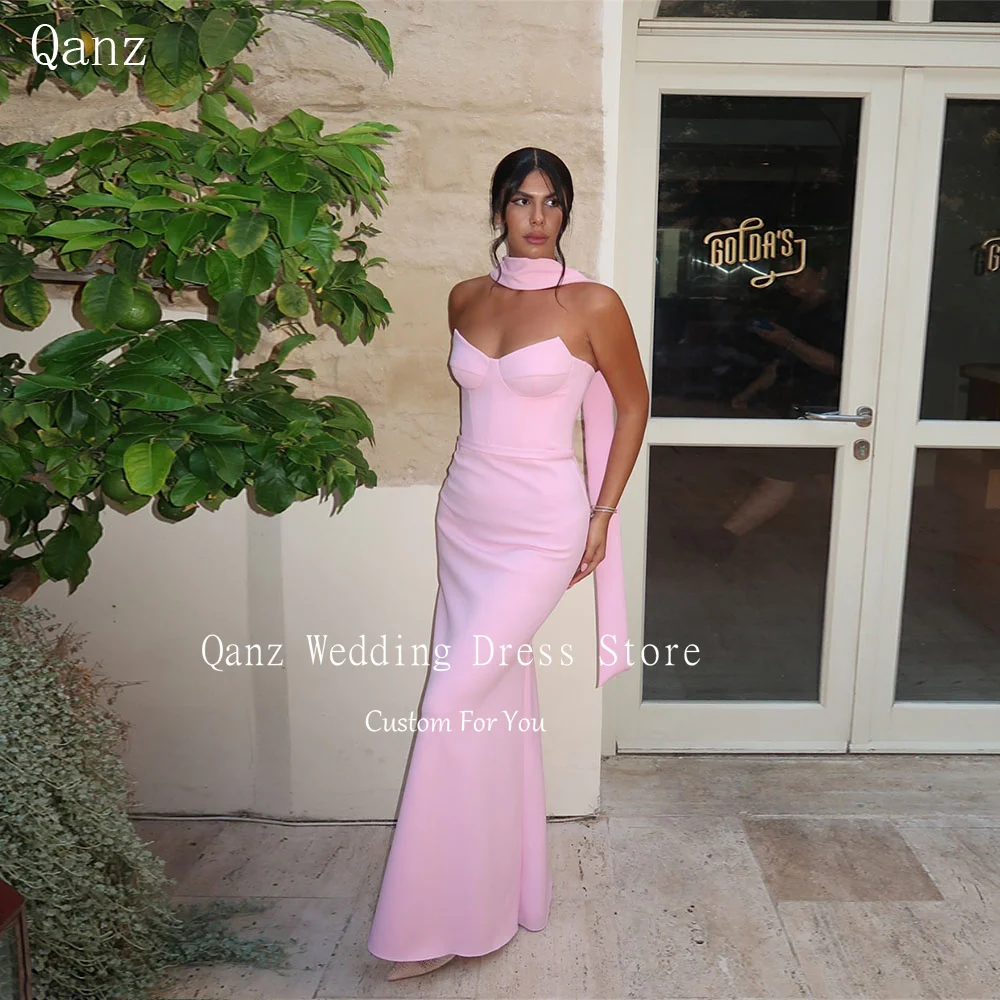 

Qanz Elegant Evening Dresses Pink Satin Ribbons Mermaid Vestidos De Boda Para Fiestas Sweetheart Women Prom Dress Customized