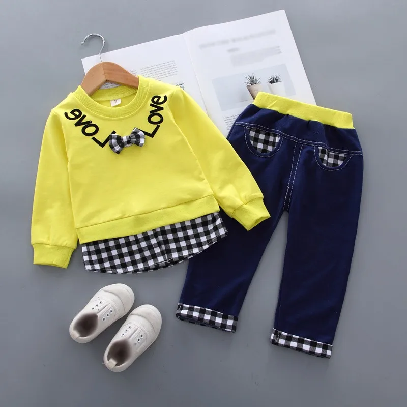 Autumn Winter Baby Cotton Clothes Set Bow Sweatshirt+Pant Baby Girl Fashion Casual Plaid Two-Piece Suits Homewear Sport Set 1-3Y