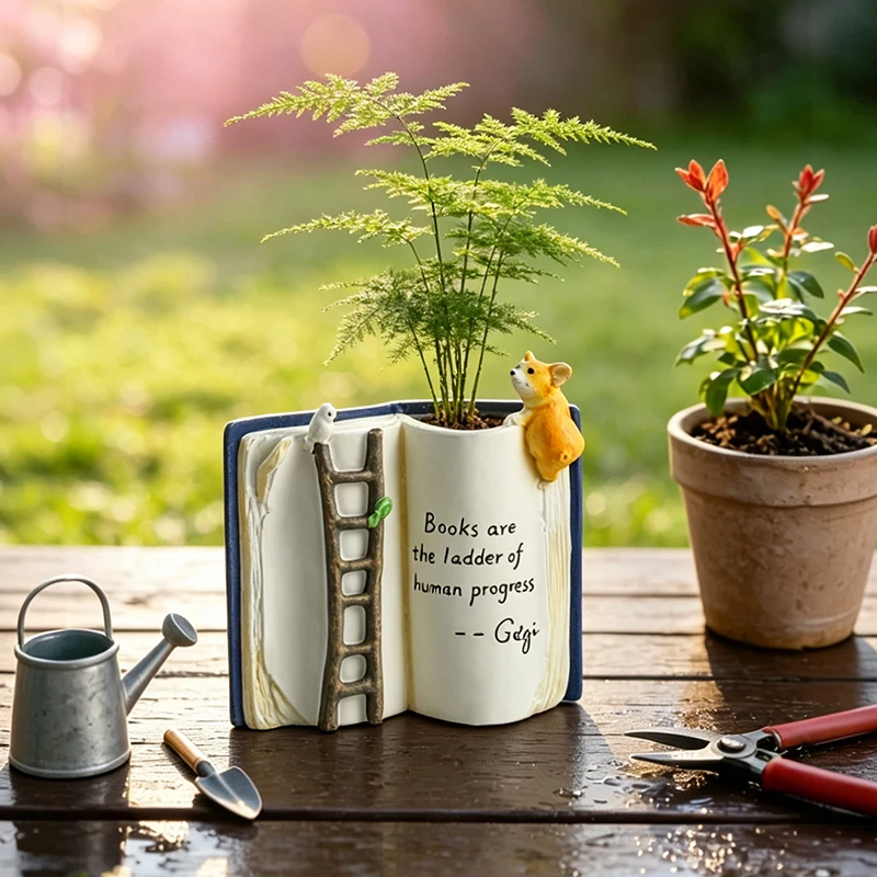 Literary Open Book Resin Succulent Planter Adorable Puppy Bird Ladder Pot for Indoor Home Desktop Balcony Small Planting Use