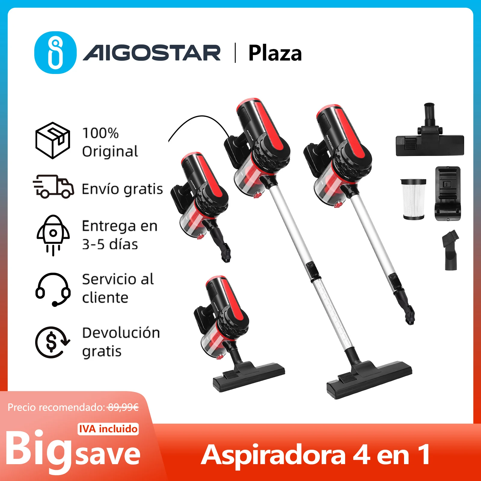 Aspiradora con Cable, Succión Potente 16KPa Aspiradora Vertical, Cable de 6m, 4 en 1 de Mano sin Bolsa, Incluye 4 Accesorios