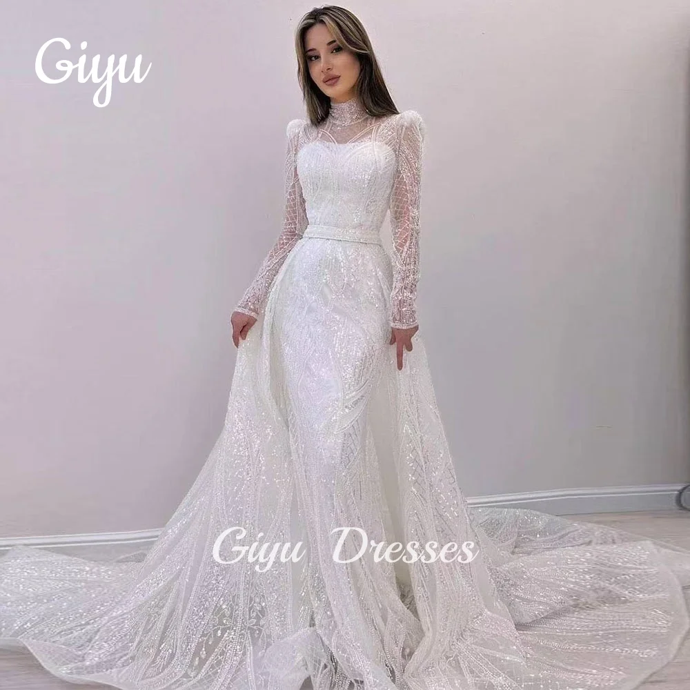 Giyu luxo brilhante vestidos de casamento sereia rendas mangas compridas alta pescoço dubai árabe vestidos de noiva trem varredura personalizado