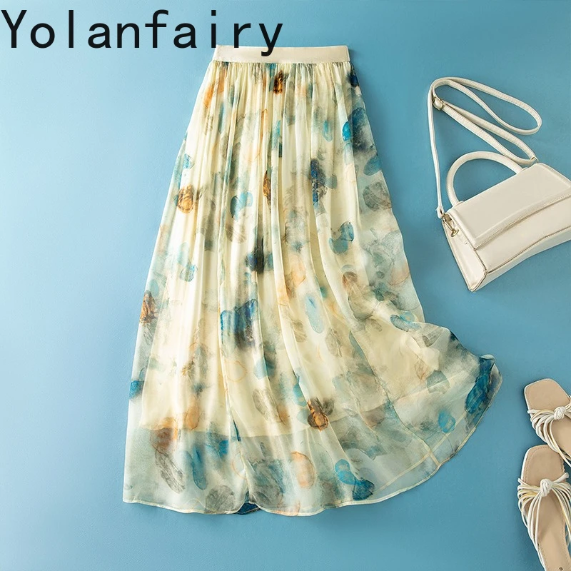 YOLANFAIRY 100% Real Mulberry Silk Skirts for Woman Summer Fashion Floral Skirt Women Clothing Elegant Elastic Waist Skirts 2026
