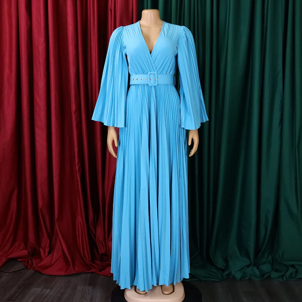 

Luxury Pleated Dresses for Women V Neck Belt Waisted Flare Sleeve Floor Length Elegant Birthday Party Dinner Vestidos Mujer Robe