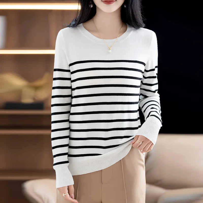 

Spring/Autumn 100% cotton women's sweater casual striped knitted pullover round neck loose Tops long sleeve Jumper Pull Blouse