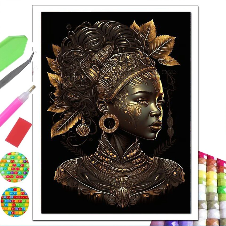 Black Golden African women Diamond Painting 2023 New 5D DIY Full Drill Mosaic Cross Stitch Kits Portrait Handmade Home Decor