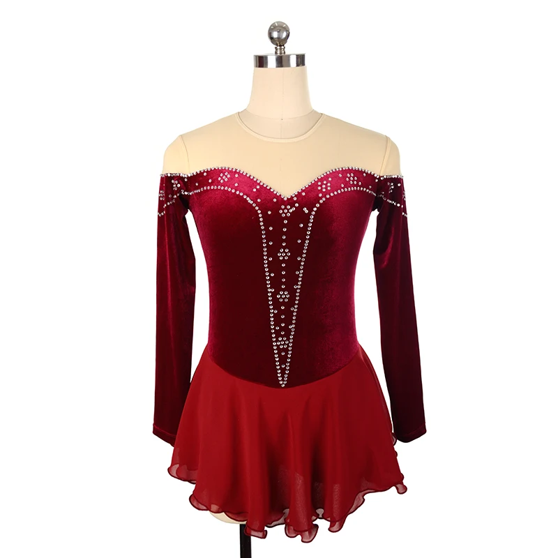 

Women's Children's Wine Red Velvet Rhythmic Gymnastics Dance Performance Figure Skating Competition Clothing Dress Customization