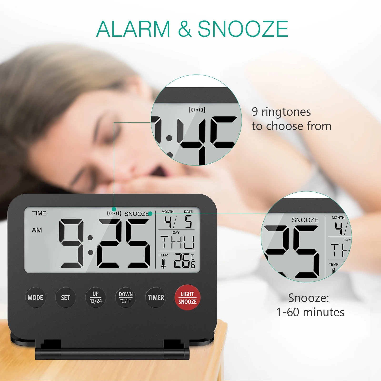 ORIA Reloj despertador digital plegable – LCD pequeño para viajes - imagen 4