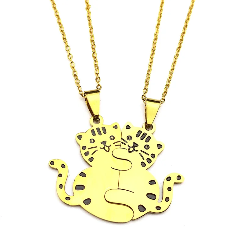Stainless Steel Hugging Twin Cat Necklace Cute Embrace Kitten Animal Friend Bff Cats Pendant Jewelry Gift for Cat Lover Women