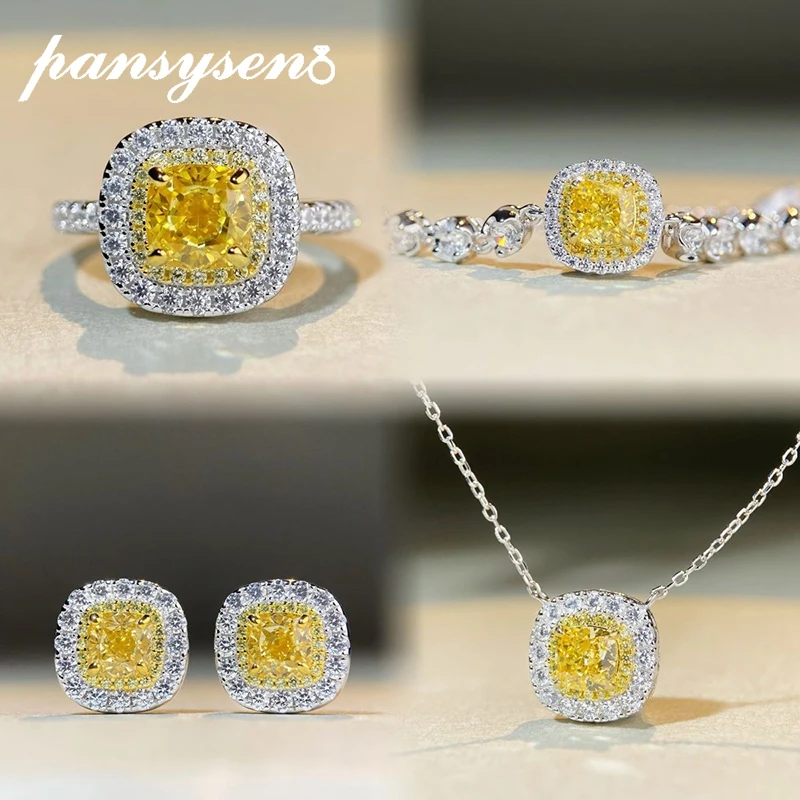 

Top Quality 100% 925 Sterling Silver Citrine Lab Diamond Gemstone Necklace Earrings Ring Bracelet Jewelry Set Party Wedding Gift