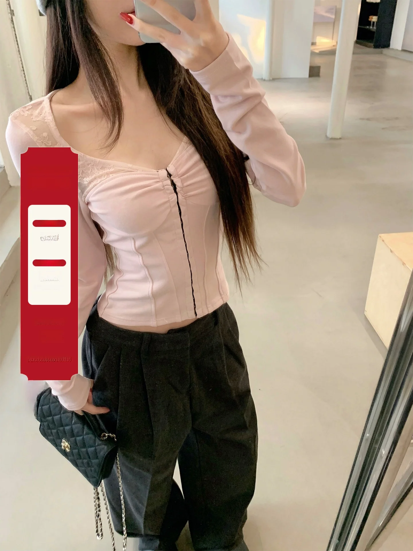 

Sweet Cool Lace Splice Base irt Women's Slimming Design Top Long Sve ort Length Cotton Blend Spandex Blend Casual Sle