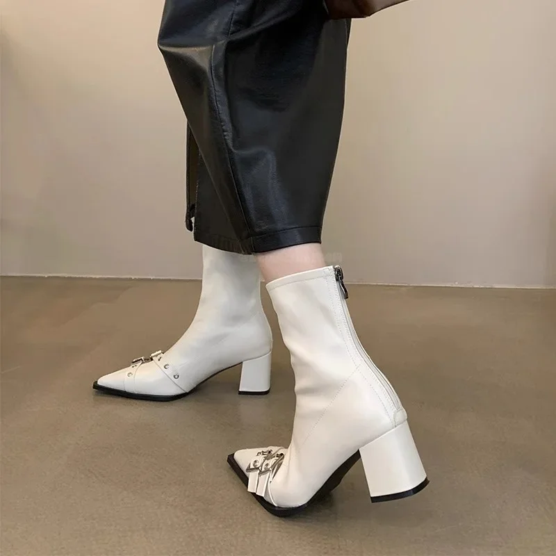 

Женские современные короткие сапоги на толстом каблуке с острым носком, модные осенне-зимние ботильоны Laides, Zapatos De Mujer