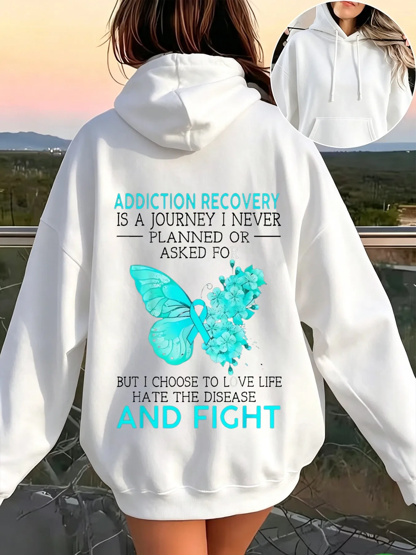 Addiction Inspirational Quote Hoodie - Black with Turquoise Butterfly Sobriety Design Unisex Comfortable Pullover Hoodie Kangaroo Pouch Hoodie for Women And Men Addiction Unisex Autumn Winter Hoodie
