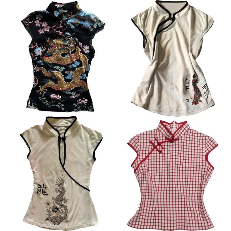 Ropa de mujer de estilo chino, camiseta de manga corta, ropa de calle Vintage de calle alta, Top minimalista clásico único a la moda