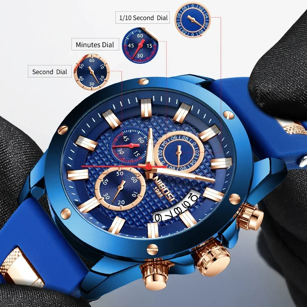 NIBOSI  Sport Mens Watch Quartz Strap Watch Blue Silicone Military Waterproof Male Men Watches Relogio Masculino For Man Gift