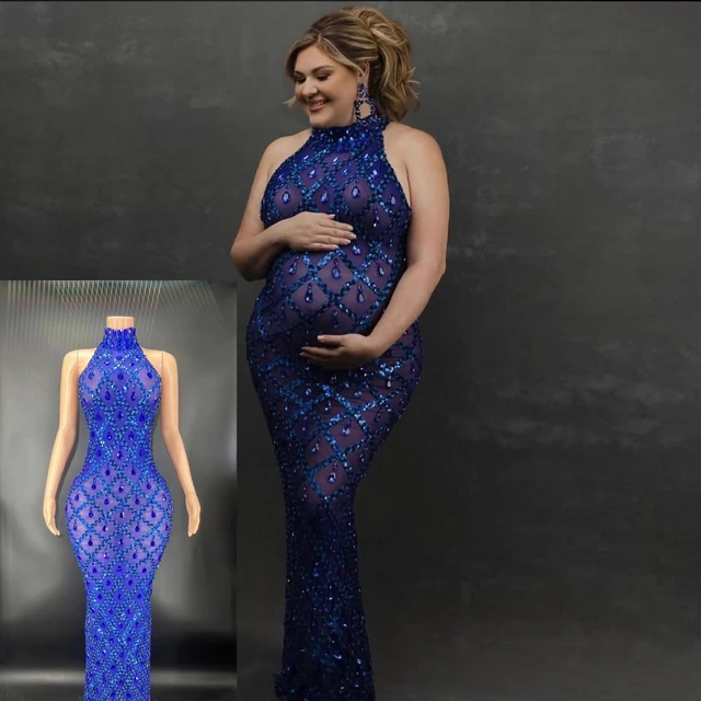 Sexy Shiny Maternity Dress Photography Goddess Bodysuit Rhinestone Party Dress Photo Shoot Plus Size Senior Pregnant Cloth