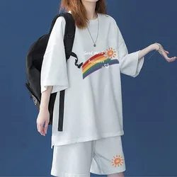 2 Piece Short Sets Summer Korean Clothing Oversized Sports Casual Fashion Home Women Large Size Loose Short Sleeve Top Suit 2023