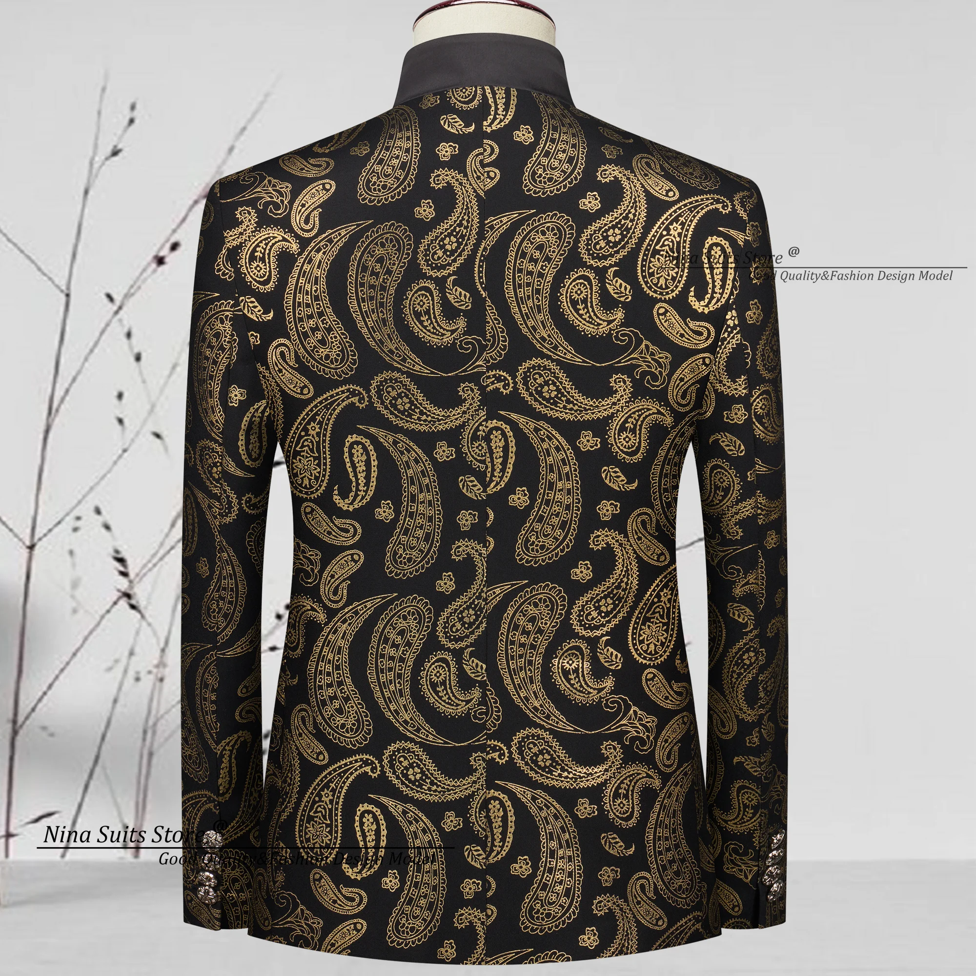 Nina Store 2025 New Designed Jacquard Costume Elegant Men Suits Black with Golden Paisley Pattern High Quality Men Party Tuxedos