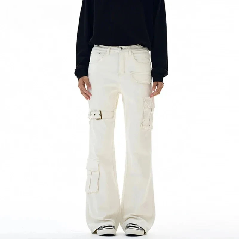 American Style Men's Jeans Belt Decoration Multi Pockets Solid Color Casual Trousers Wide Leg Male Boot-cut Trousers
