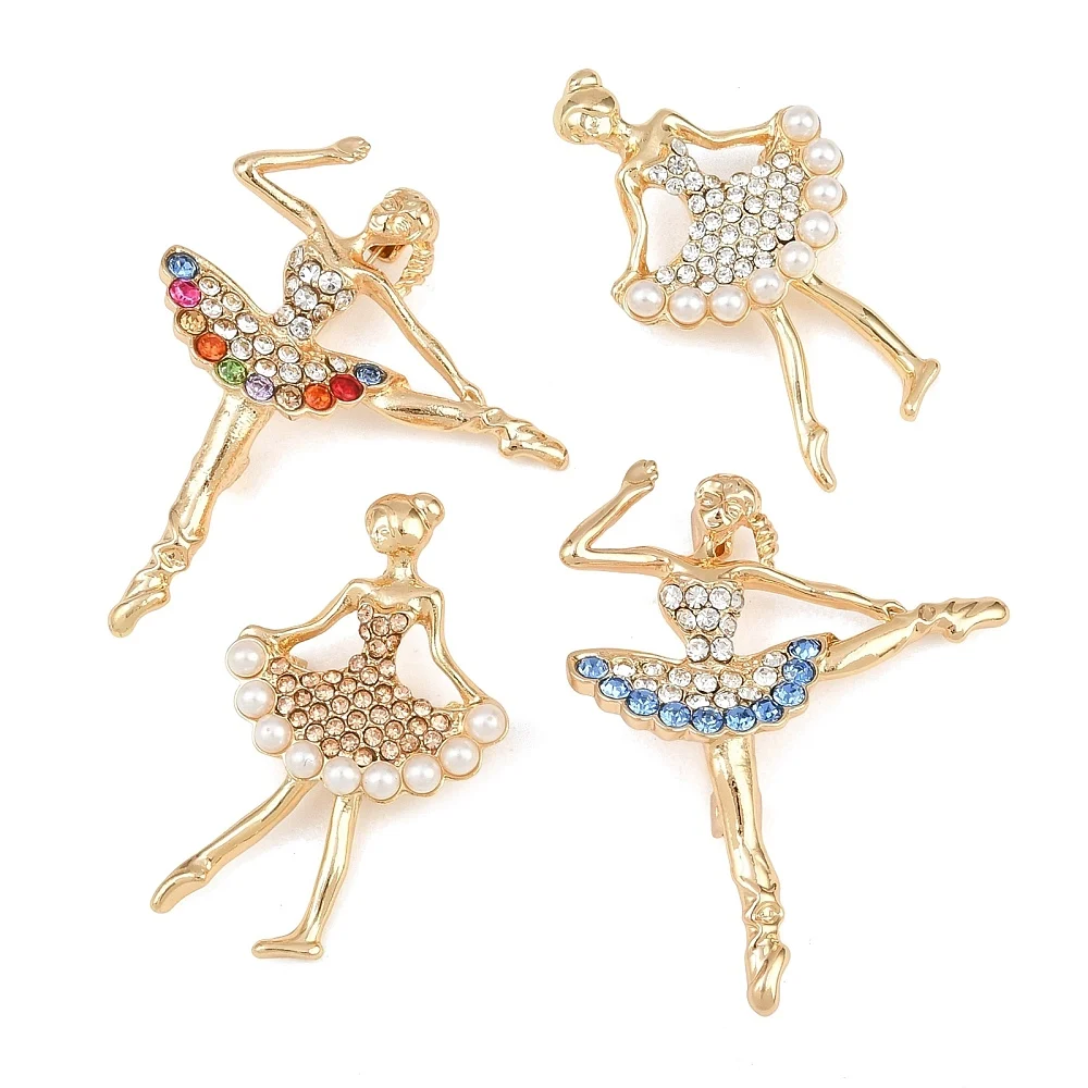 4pcs Ballet Dancer Shape Alloy Brooches Rhinestone Pearl Inlaid Lapel Pin Brooch for Dress Clothing Suit Scarf Decor Jewelry