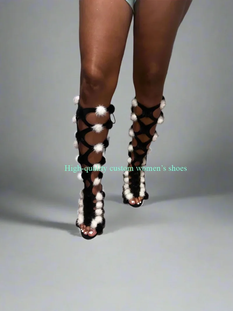 Pointed Toes White Pom-Pom Decorations Black Cross-Mesh Style Summer Boots Hollow Out Banquet Knee-High Luxury Sandals view 3