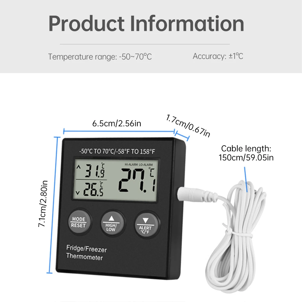 Household Digital Refrigerator Temperature Sensor -50-70℃ High/Low Temperature Alarm For Warehouse Freezer With Battery Probe