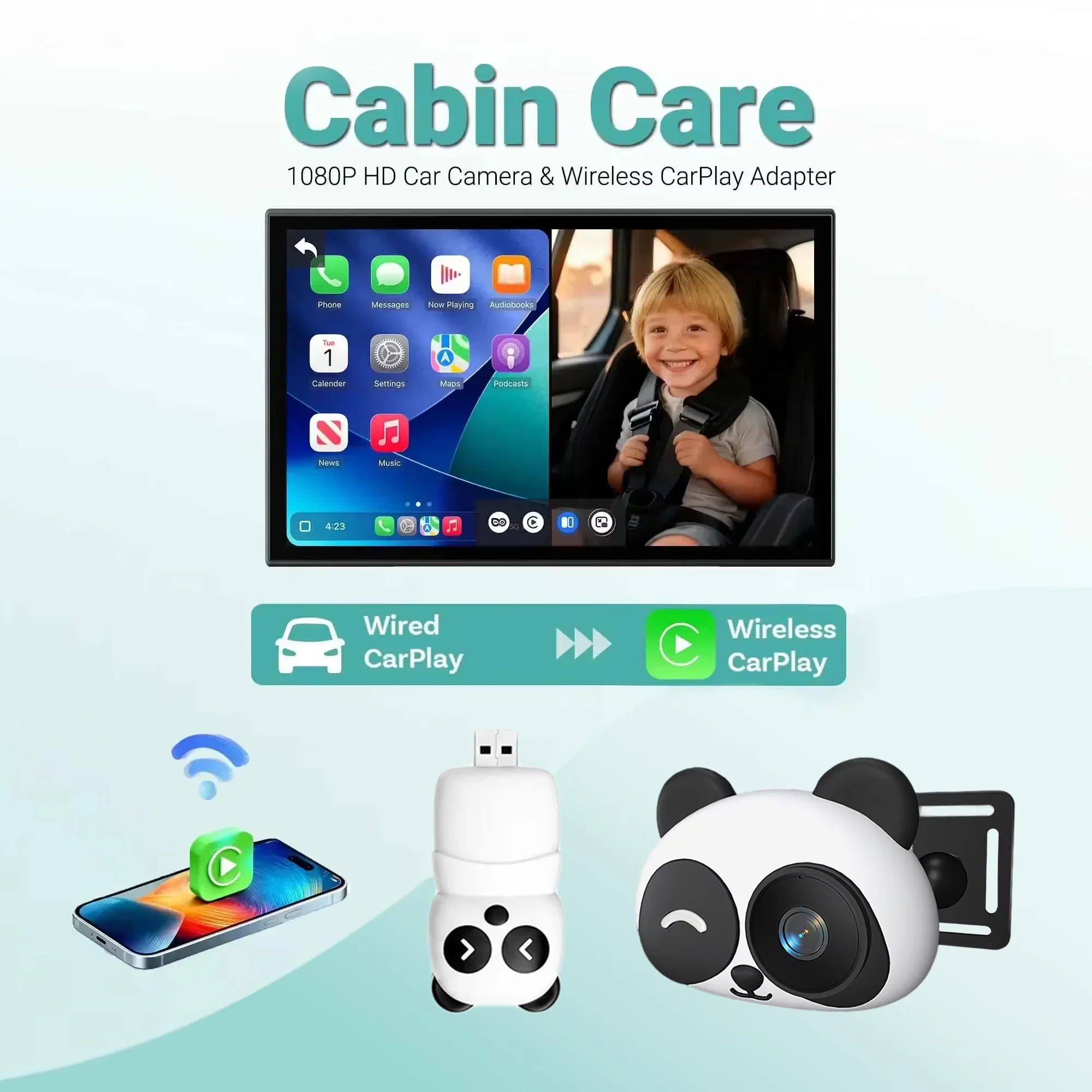 1080P Resolution Cabin Care Baby Car Camera Wireless Carplay Adapter 150° Wide Angle Night Vision Back Seat Monitor Easy Install