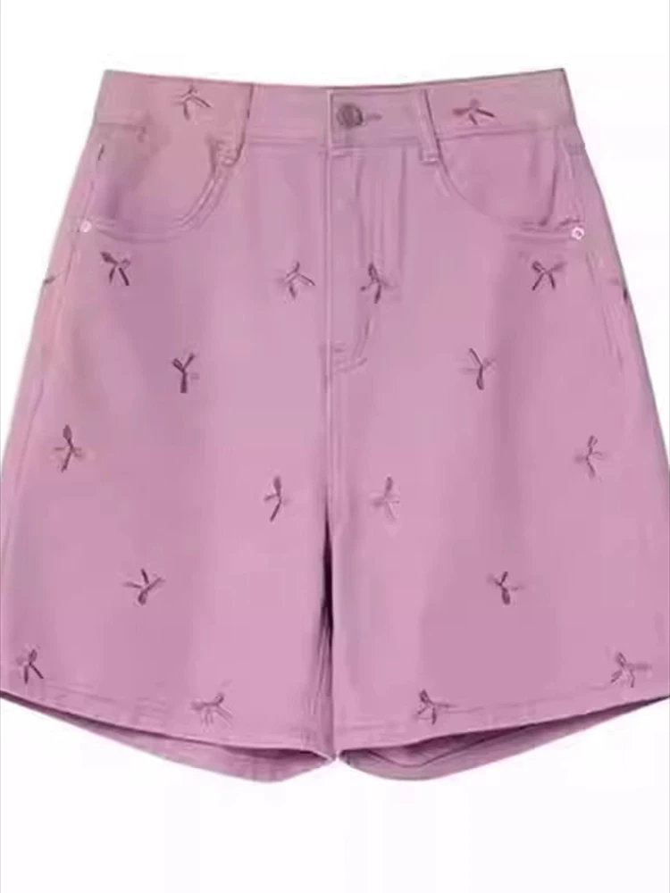 자수 데님 반바지 여성 하이웨이스트 통통한 mm 루즈 슬리밍 와이드 레그 핫팬츠 5부 여름 트렌드 신상 팬츠