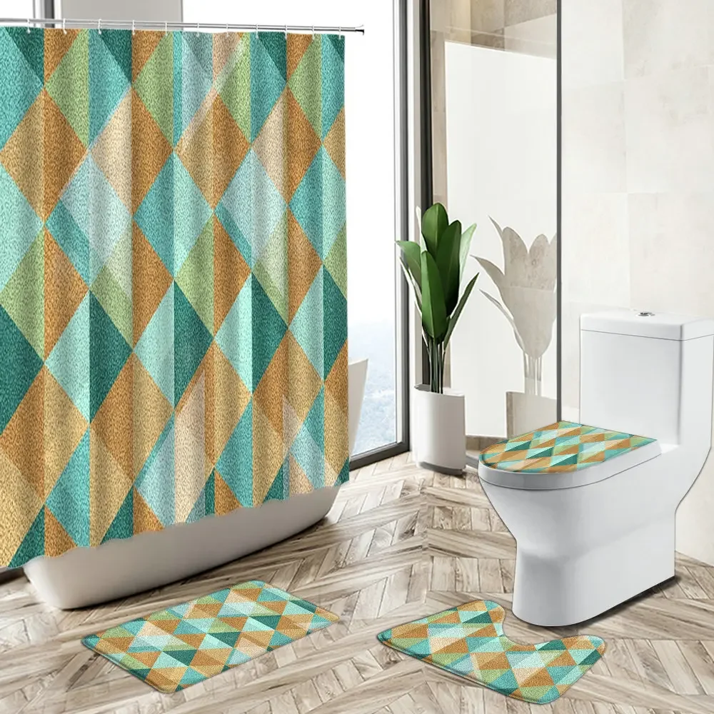 Colorful Gradient Geometric Triangle Pattern Shower Curtain Modern Abstract Art Home Non-Slip Carpet Toilet Cover Floor Mat Set