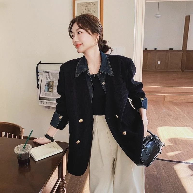 Women 2025 Autumn Winter Black Corduroy Blazer Korean Retro Office Commute Loose Denim Patchwork High End Suit Jacket