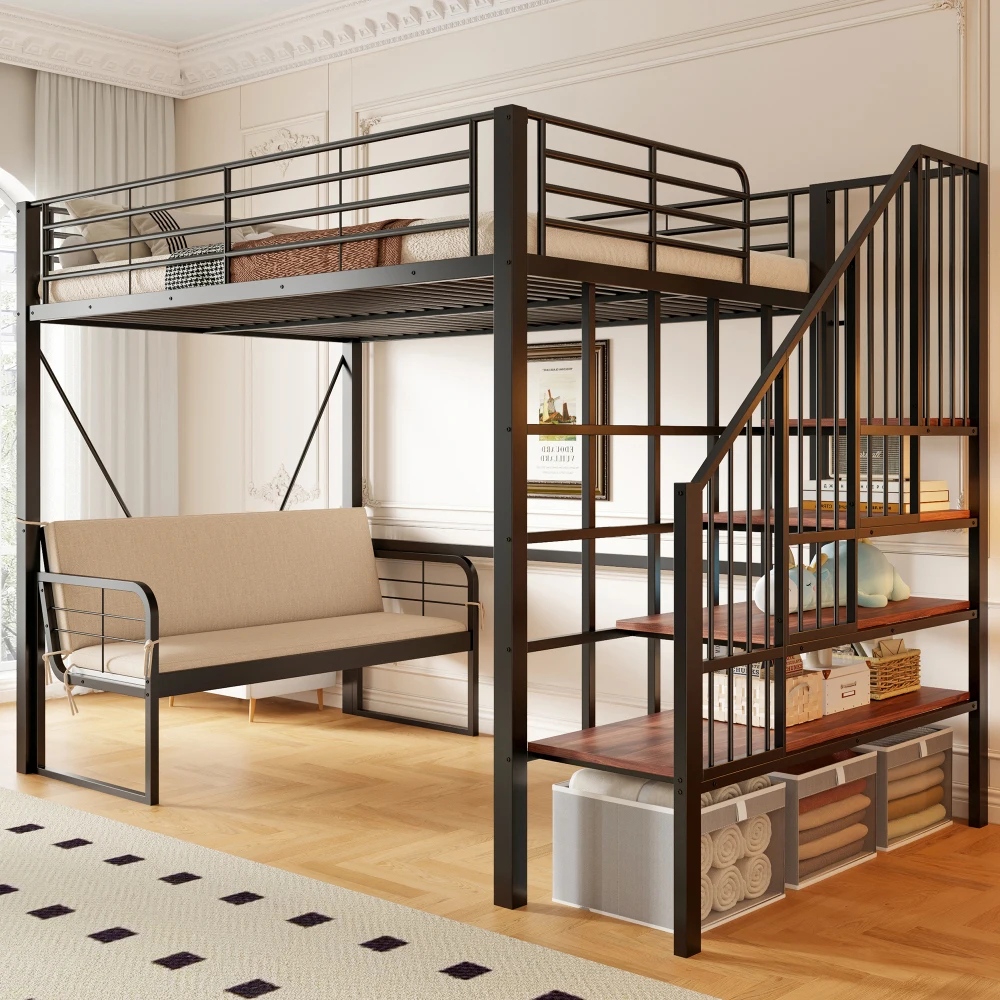 Cama litera metálica resistente de 140x200 cm, sofá cama tapizado con almacenamiento y escalera de seguridad, cama que ahorra espacio para niños, adolescentes y adultos