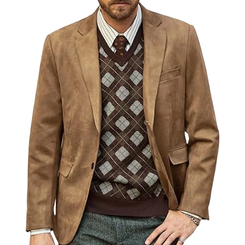 Men\'s Autumn Blazers Casual Suit Suede Jacket Lined Vintage Men\'s Office Jackets Streetwear Euro Size Coat Men\'s Clothing M-2XL
