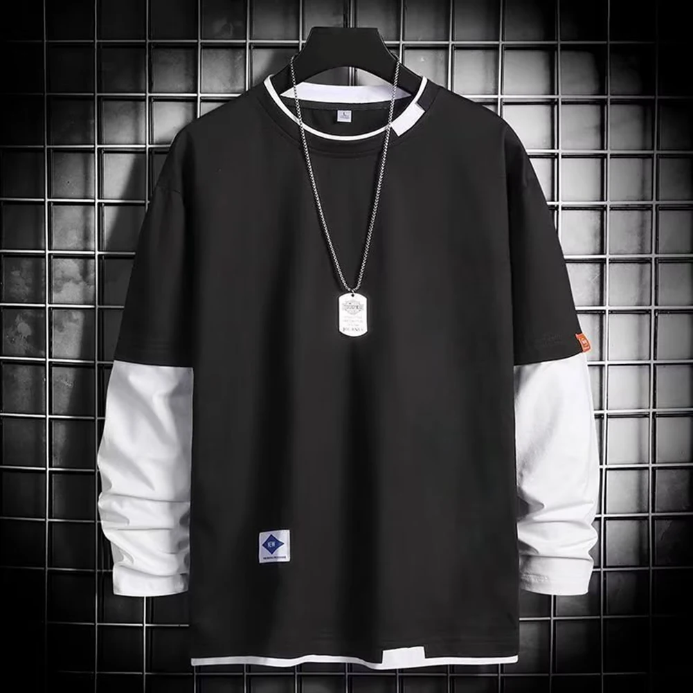 Men T-Shirt Color Matching Top Streetwear Crew Neck Baggy Casual Top Clothes Baggy Hip-pop Undershirt Fashion Fashion Man Cloth