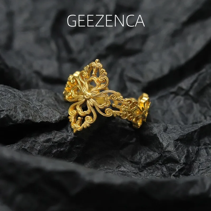 

GEEZENCA стерлингового серебра 925 пробы, кружевная вышивка, филигранные коктейльные эффектные кольца, женские эстетические изящные регулируемые открытые кольца, подарок