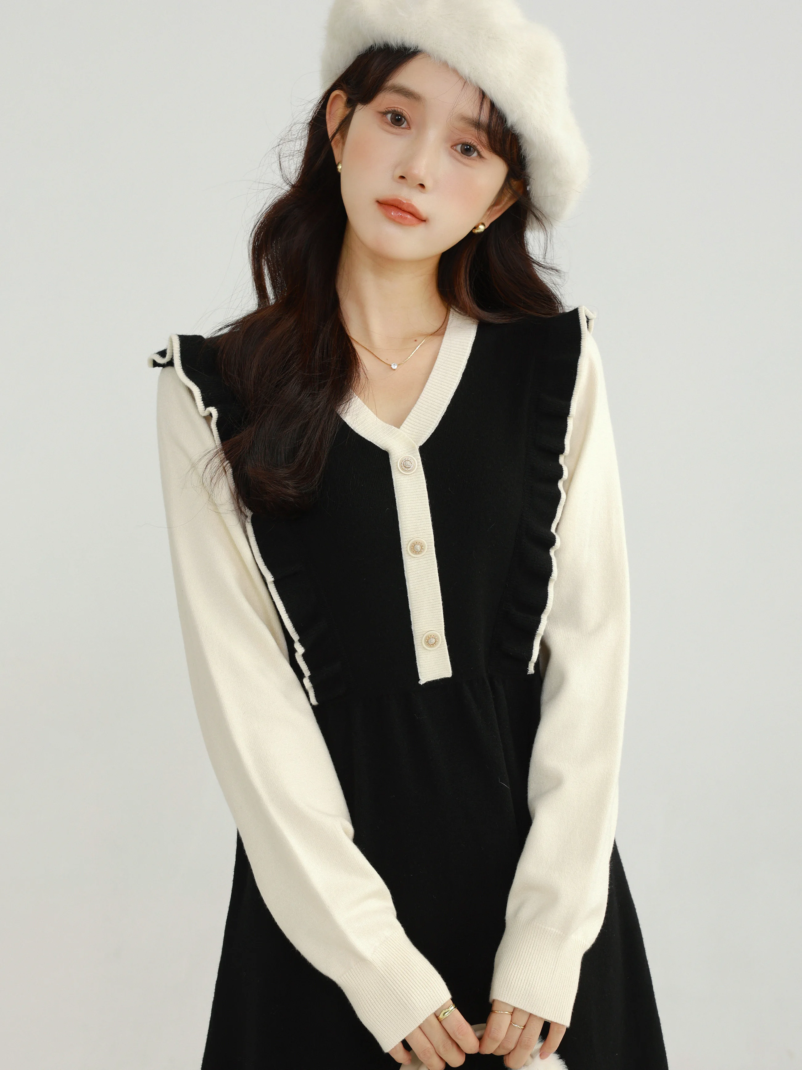 Robe Patchwork contrastée pour femmes, faux deux pièces, col de poupée, robe trapèze, Style français, décontractée, élégante, douce, Slim, tenues d'hiver