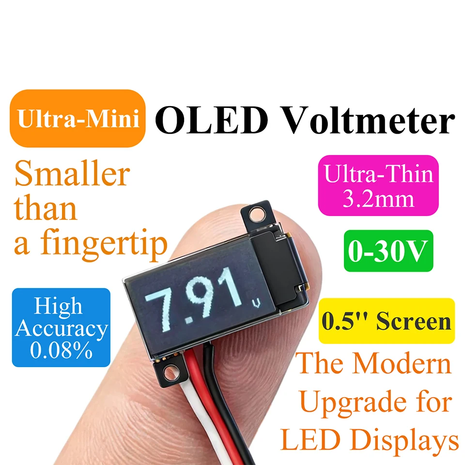 

Миниатюрный цифровой OLED-вольтметр 0,5 дюйма, DC 0-30В, высокоточный (0,08%), ультратонкий (3,2 мм), измеритель напряжения для DIY проектов, аккумуляторов, автомобилей