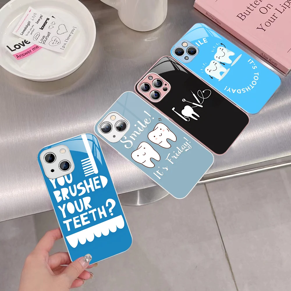 Dentist Dental Crowned Teeth Phone Case Tempered Glass For iphone 14 13 12 11 Pro Mini XS MAX 14Plus X XS XR Cover