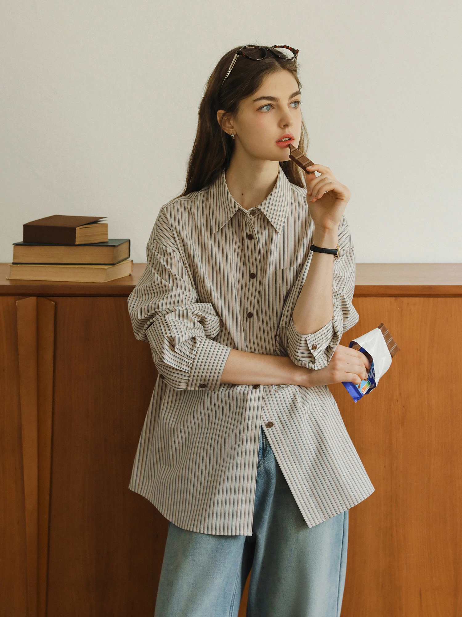 

Женская рубашка MELLIIY в стиле ретро, свободного кроя, с длинным рукавом, в полоску, осенне-зимняя, новая, цвета хаки, универсальная, повседневная, на пуговицах