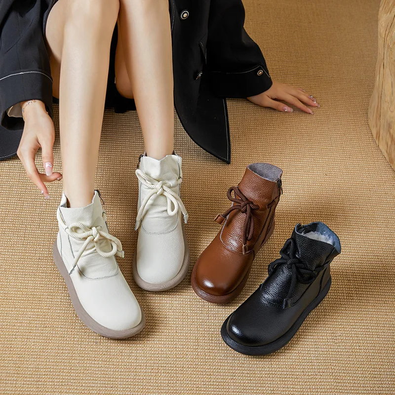 

Genuine Leather warm wool boots Winter thick ankle boots for Fashion mothers cotton boots flat non-slip soft sole low top boots