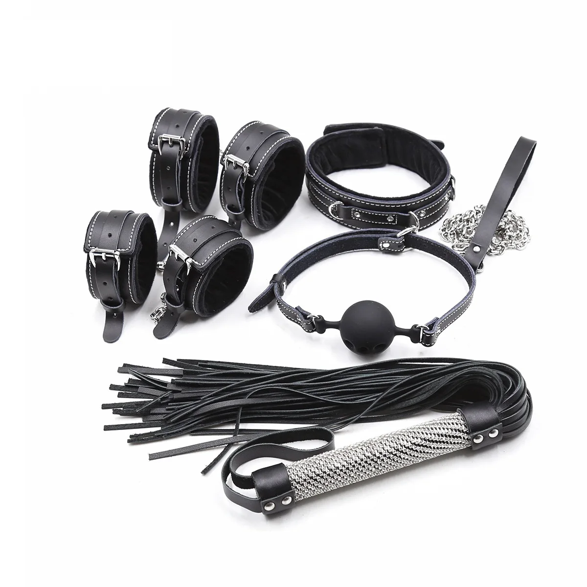 Thierry Genuine Leather Tied Ultimate Bondage Kit,Silicone Ball Gag,Collar,Wrist and Ankle Cuffs, Crystal Whip Spanking Sex Toys