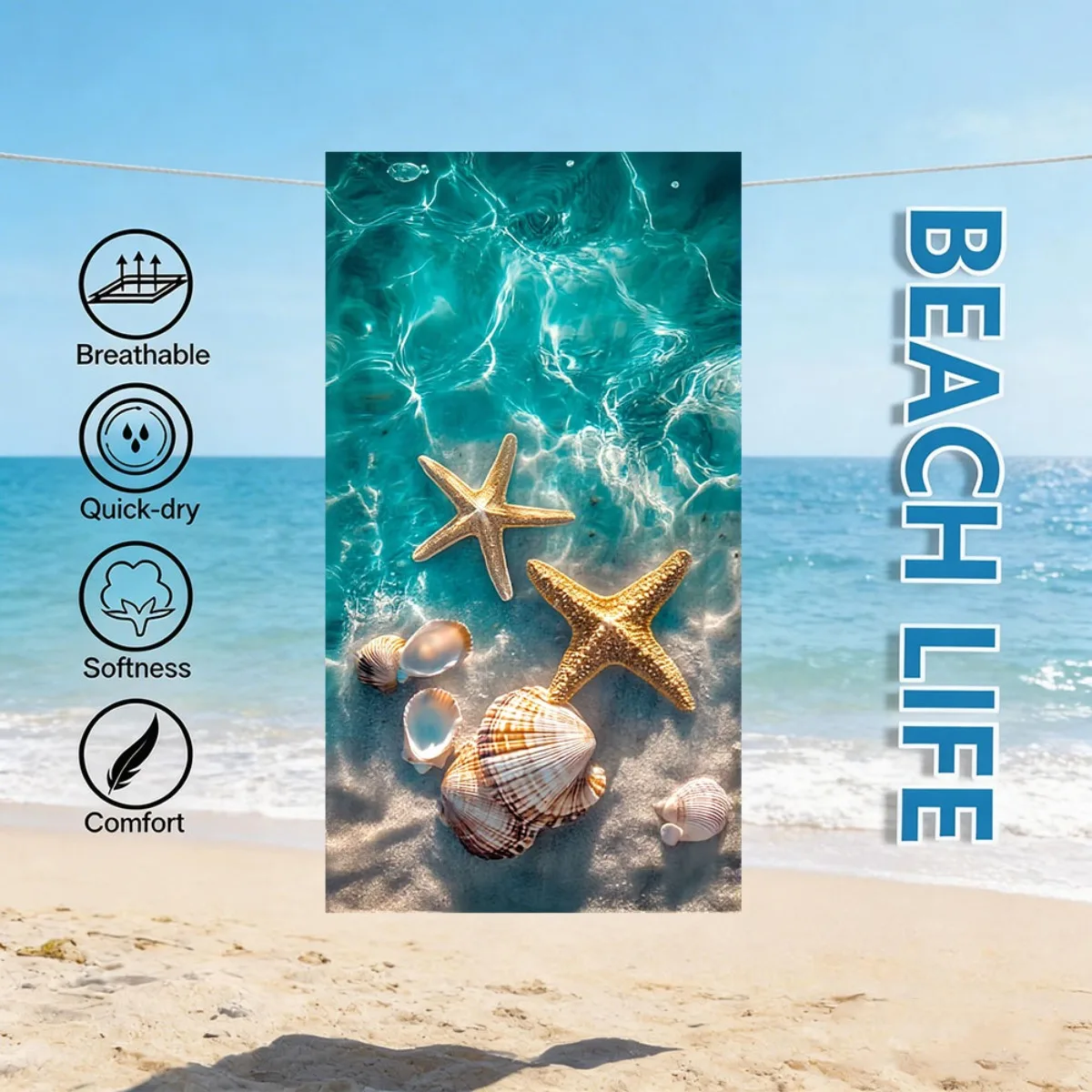 Starfish Seashell Design Beach Towel, Premium Microfiber Rapid Drying Ultra Comfortable High Absorbency for Shower Water Sports