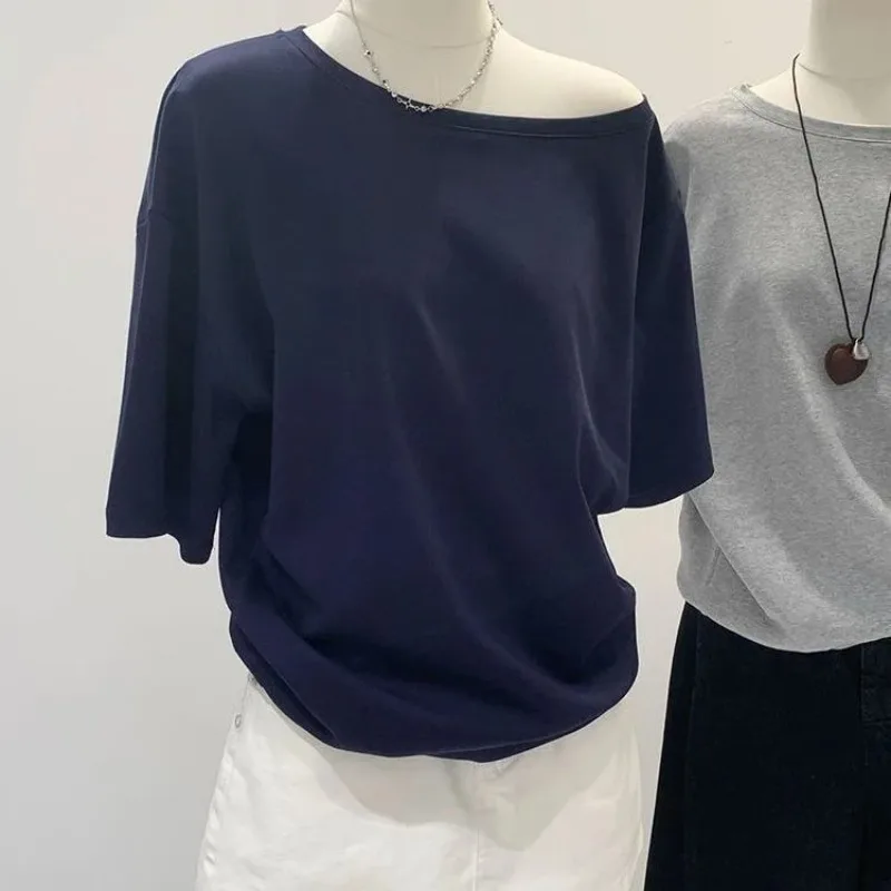 One Shoulder Short Sleeve Cotton Base Top Women Slant Shoulder Wide Design Summer Casual Comfortable Fashion Shirt  Streetwear