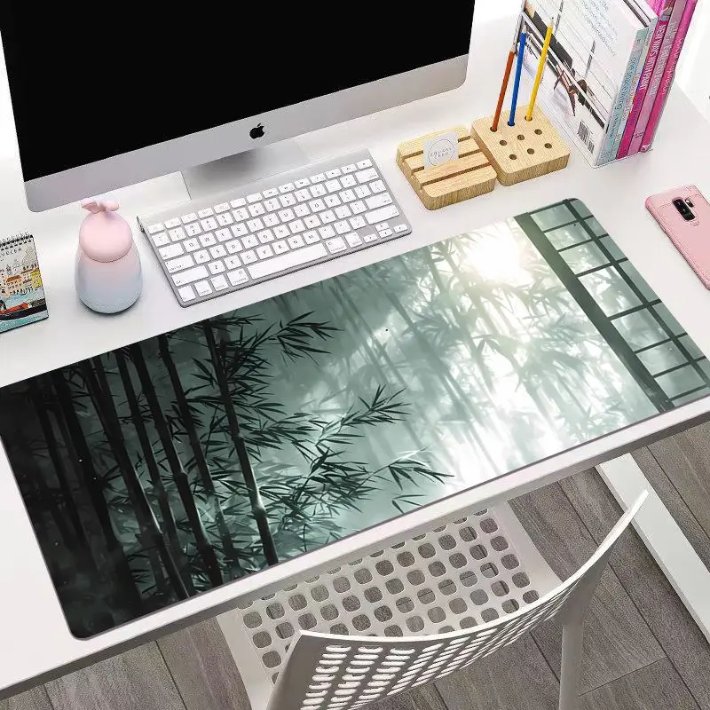 Ink Painting of Bamboo Mousepad Large XXL PU Leather Waterproof Dining Table Desktop Mat Cute Office Game Computer Keyboard Pad