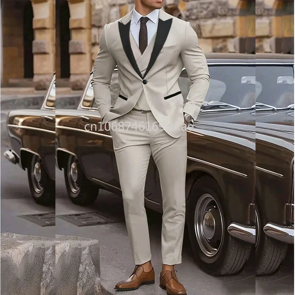 

Elegant One Button Men's Suits Fashion Peak Lapel Regular Length Male Clothing High Quality Wedding 3 Piece Jacket Pants Vest