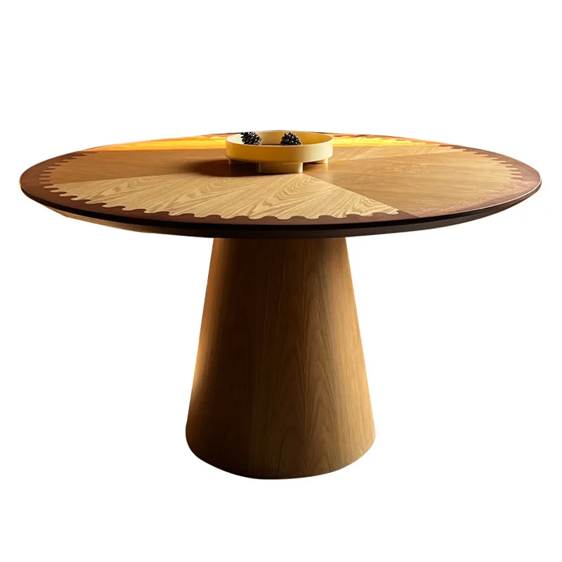Solid wood ash dining table, radial jointed laminated tabletop, integrated conical base, assembled with modern wabi-sabi design