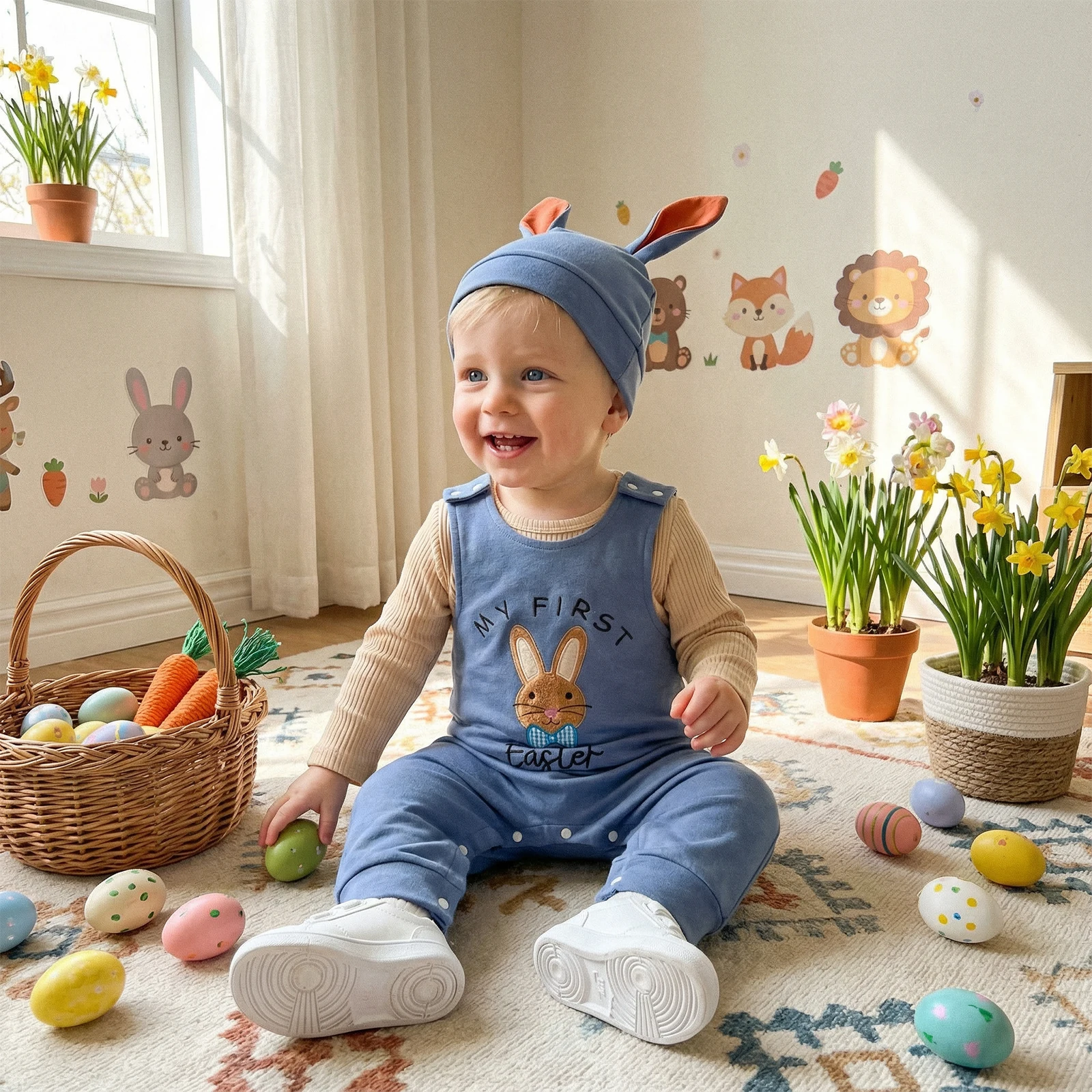 

Пасхальный наряд для мальчика: комбинезон с длинным рукавом, вышивкой кролика, штаны и шапочка, комплект для младенцев