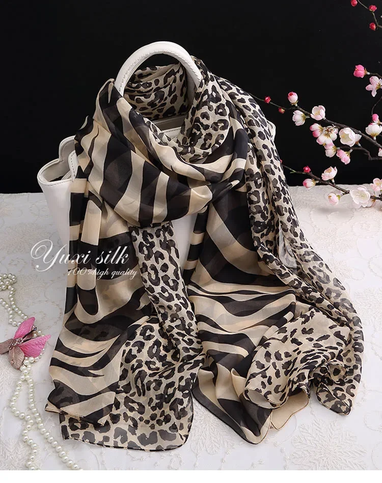 

100% silk scarf ladies soft and elegant all seasons Brown zebra leopard scarf shawl long shawl spring autumn winter summer