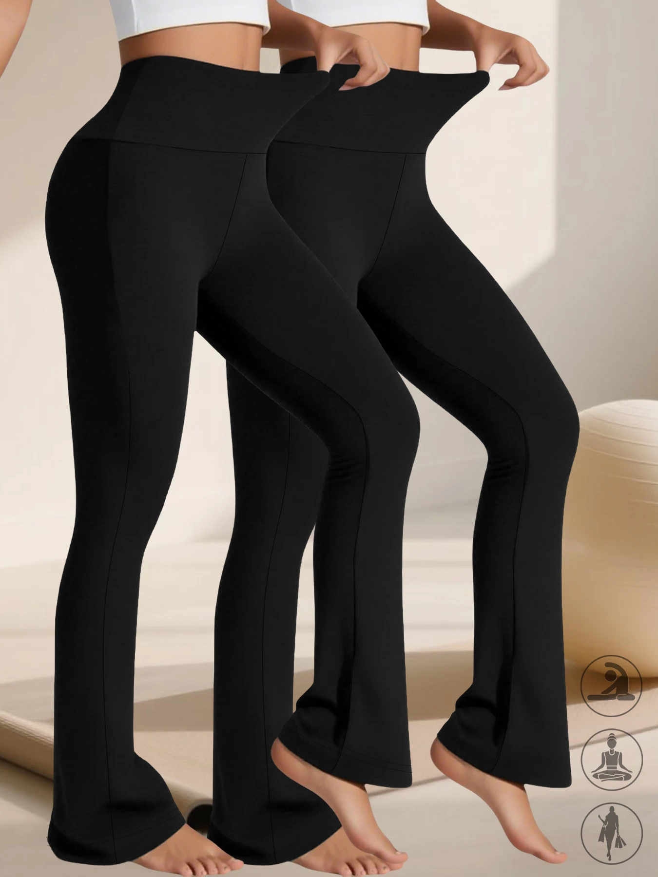 2 Pack Celana Flare Super Lembut Wanita Pinggang Tinggi Kontrol Perut Olahraga Yoga Push Up Gym Fitness Legging Panjang Bell Bottoms