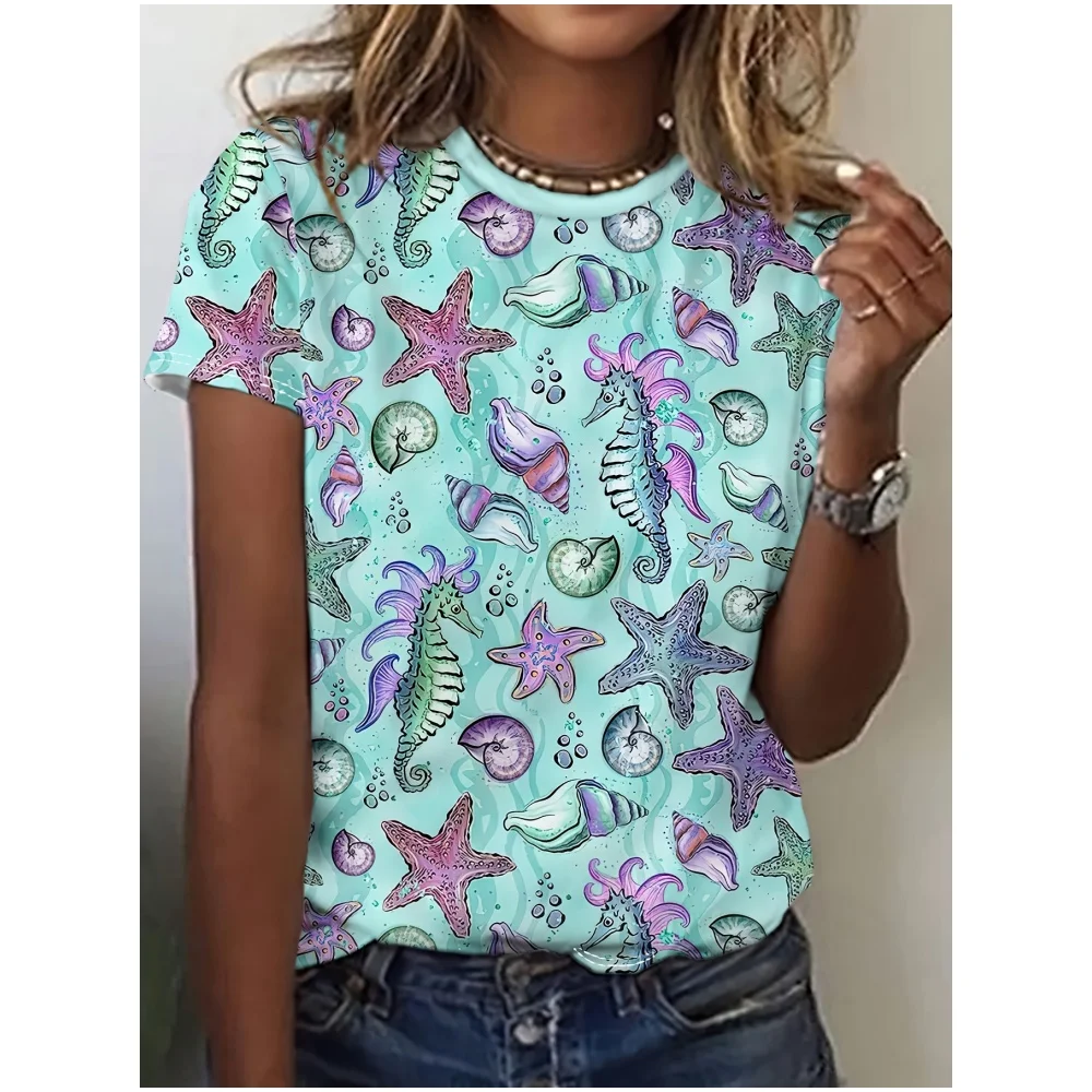 Camiseta colorida con estampado biológico subacuático para mujer, Top informal Harajuku de manga corta, ropa de talla grande a la moda