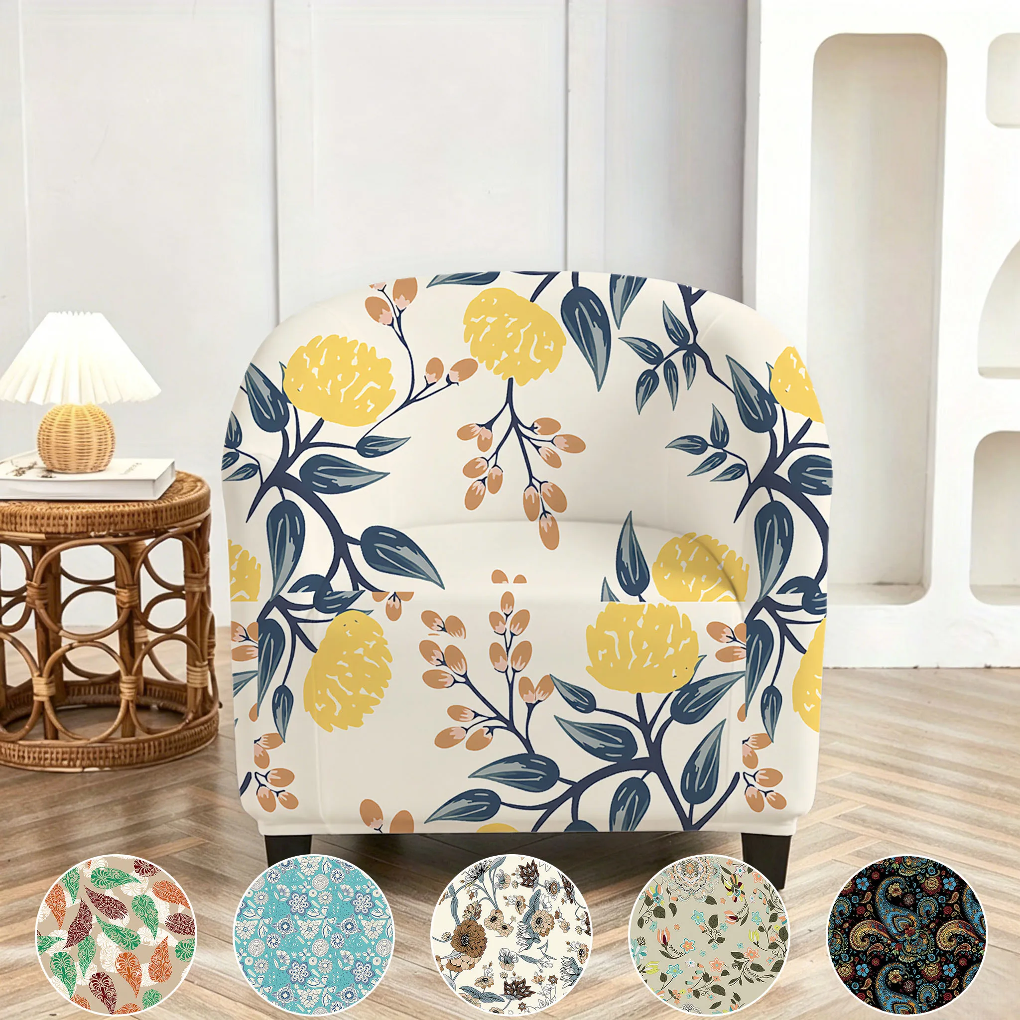 

Off-white background mustard yellow navy floral leaf print cottagecore vibe high stretch barrel armchair cover protector