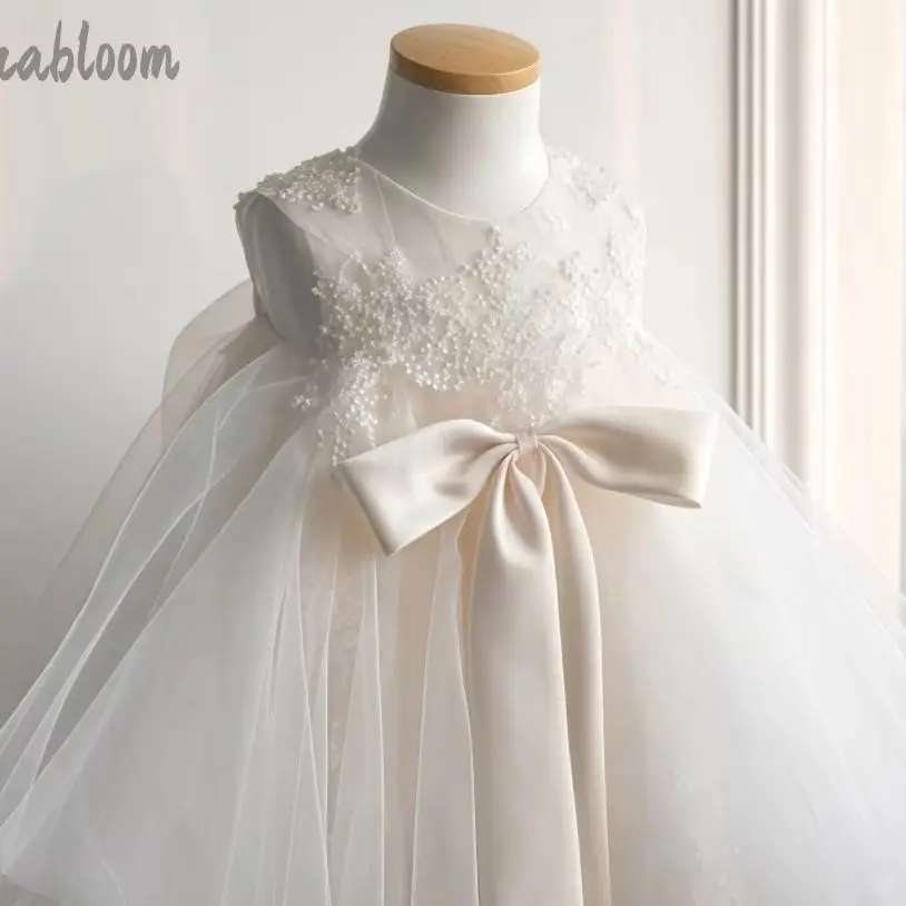 Flower Girl Dress for Wedding Toddler Kids Champagne Tulle Ball Gown with Big Bow Lace Formal Party Dress свадебное платье view 4